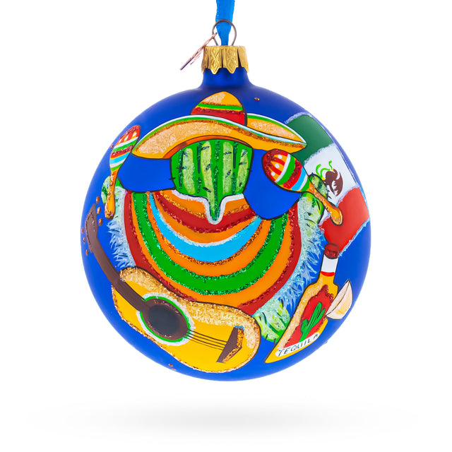 Mexico Glass Ball Christmas Ornament 4 Inches in Blue color Round