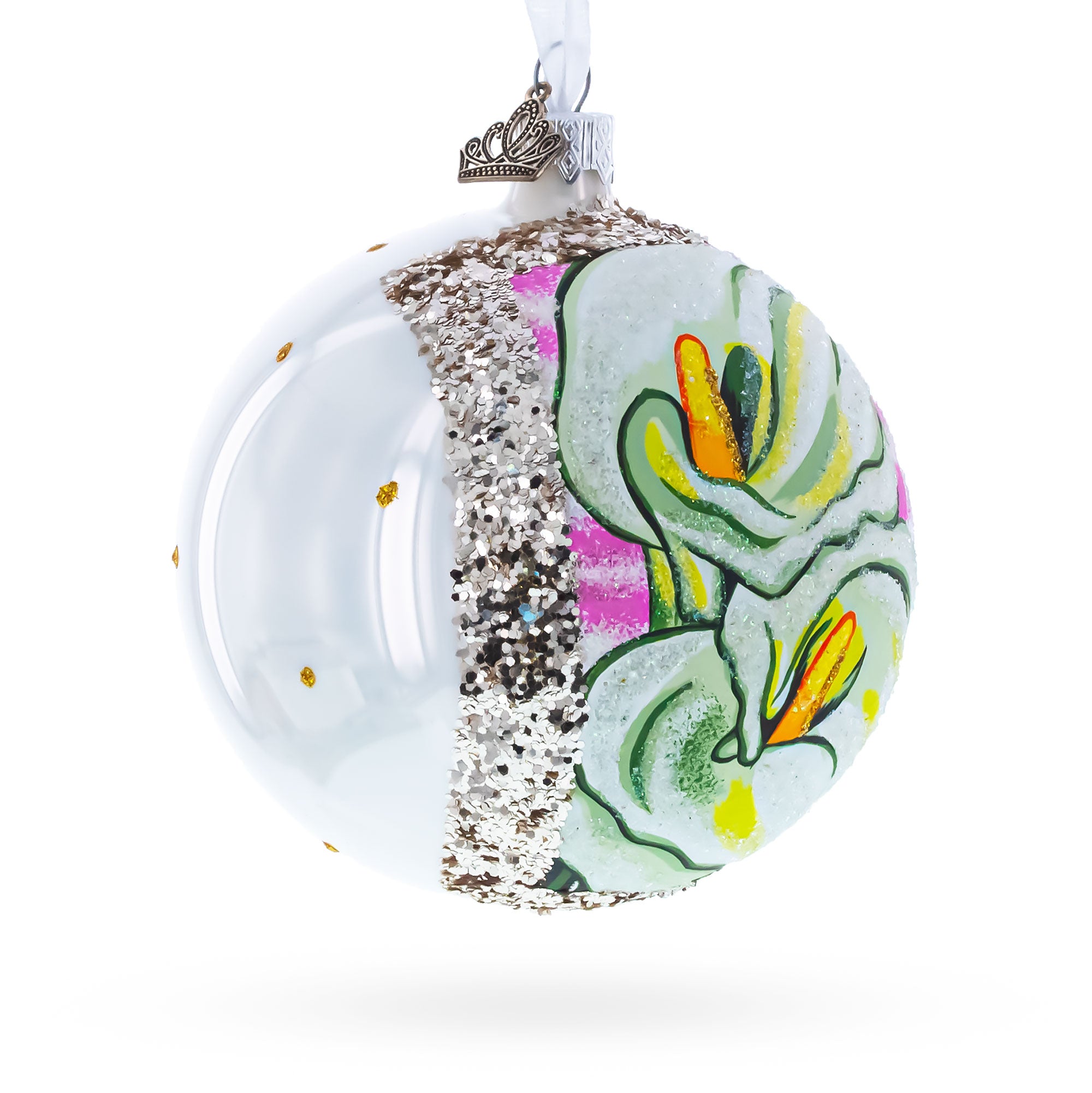 1928 Georgia O'Keeffe "Two Calla Lilies on Pink" Glass Ball Christmas Ornament 4 InchesUkraine , dimensions in inches: 4 x 4 x 4
