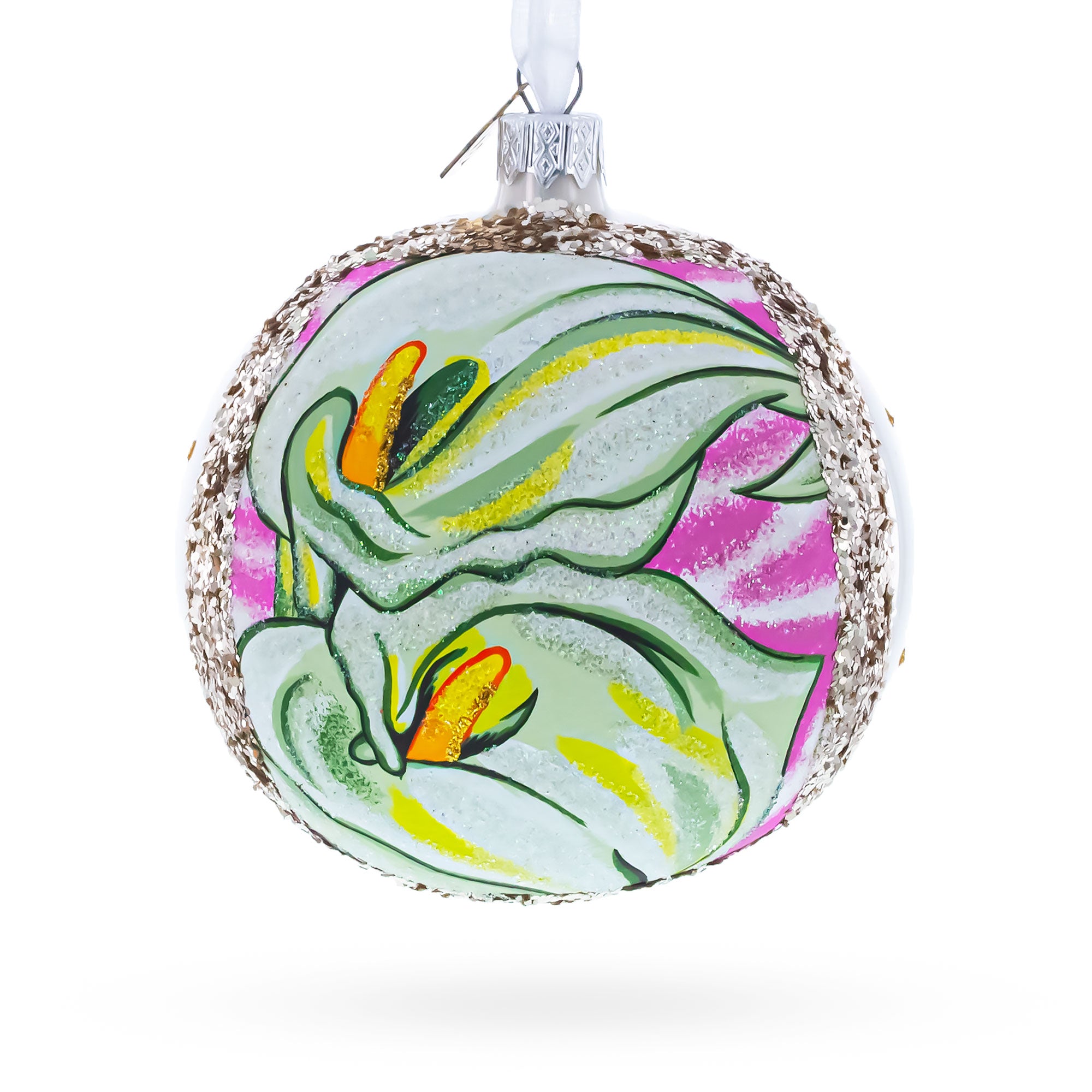 1928 Georgia O'Keeffe "Two Calla Lilies on Pink" Glass Ball Christmas Ornament 4 Inches in White color Round