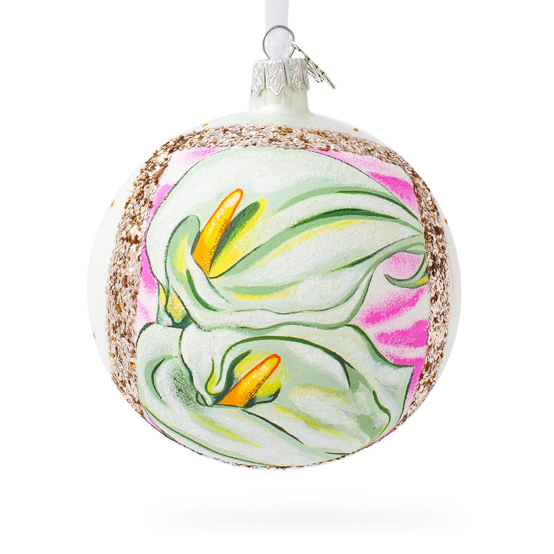1928 Georgia O'Keeffe "Two Calla Lilies on Pink" Glass Ball Christmas Ornament 4 Inches in White color, Round shape