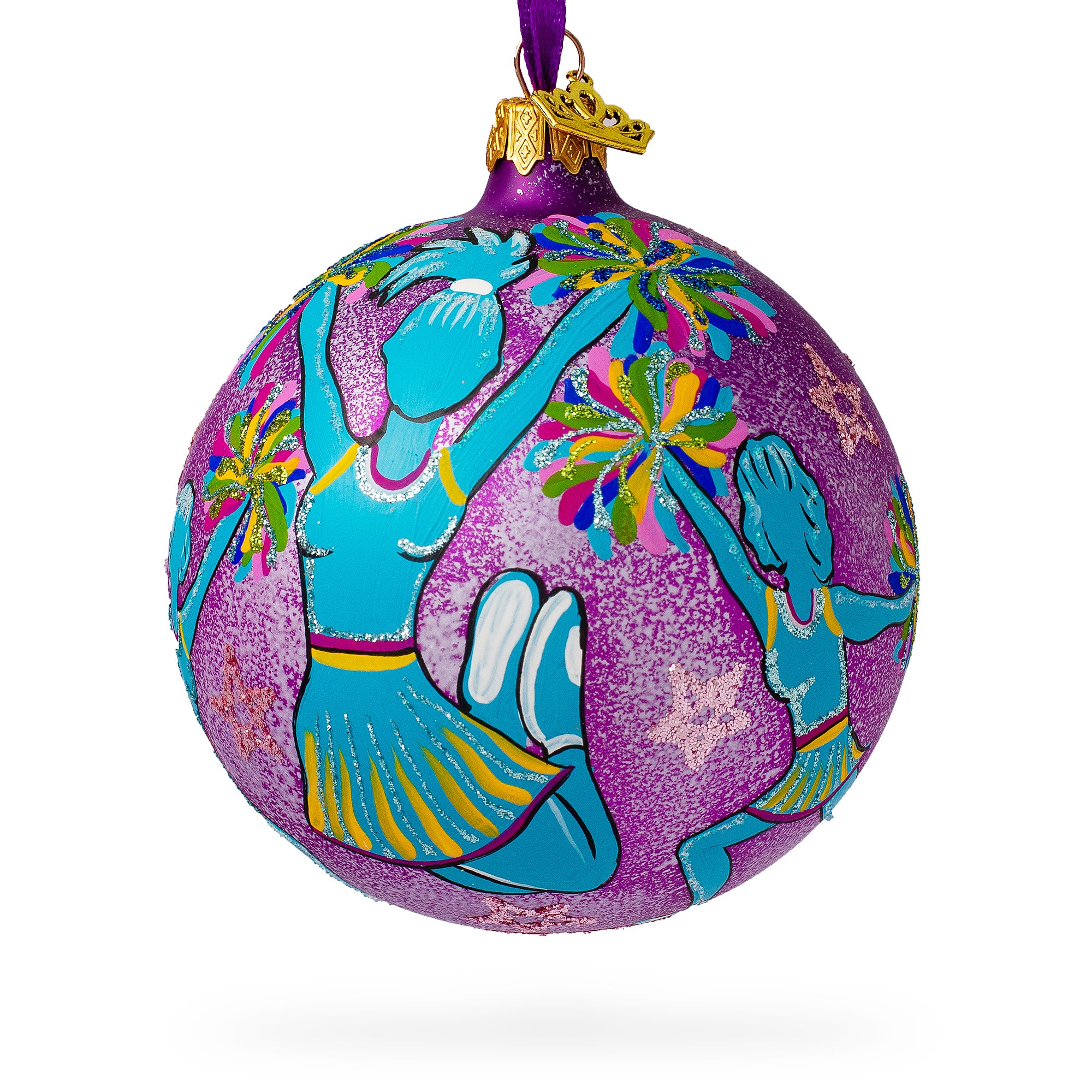 Cheerleaders Team Glass Ball Christmas Ornament 4 Inches in Purple color Round