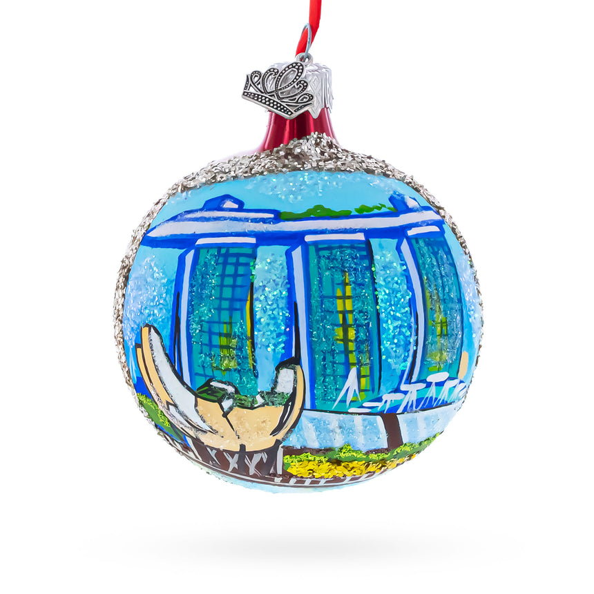 Art Science Museum, Marina Bay, Singapore Glass Ball Christmas Ornament 3.25 Inches in Blue color Round