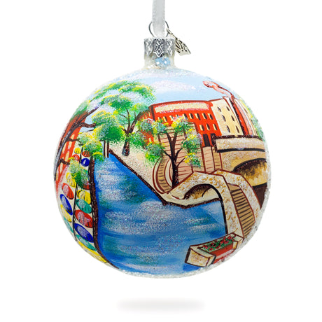 River Walk in San Antonio, Texas, USA Glass Ball Christmas Ornament 4 Inches in Multi color, Round shape