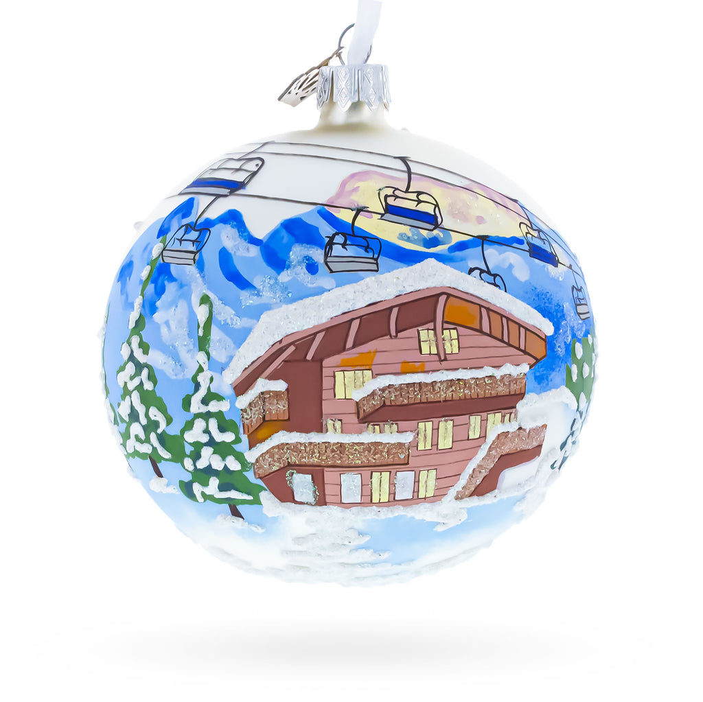 Chalet and Ski Lifts in the Mountains Glass Ball Christmas Ornament 4 Inches in Multi color Round