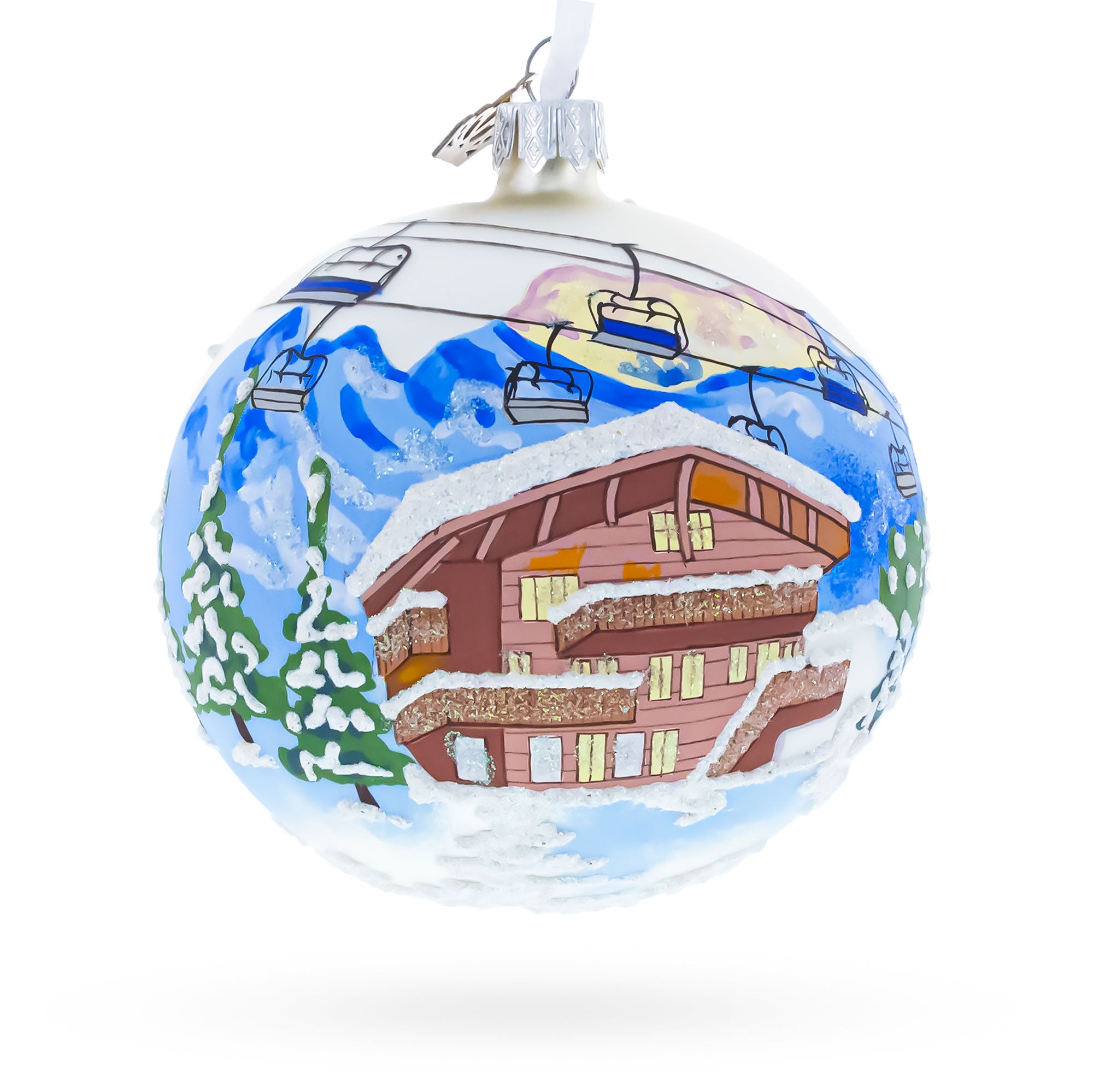 Chalet and Ski Lifts in the Mountains Glass Ball Christmas Ornament 4 Inches in Multi color Round