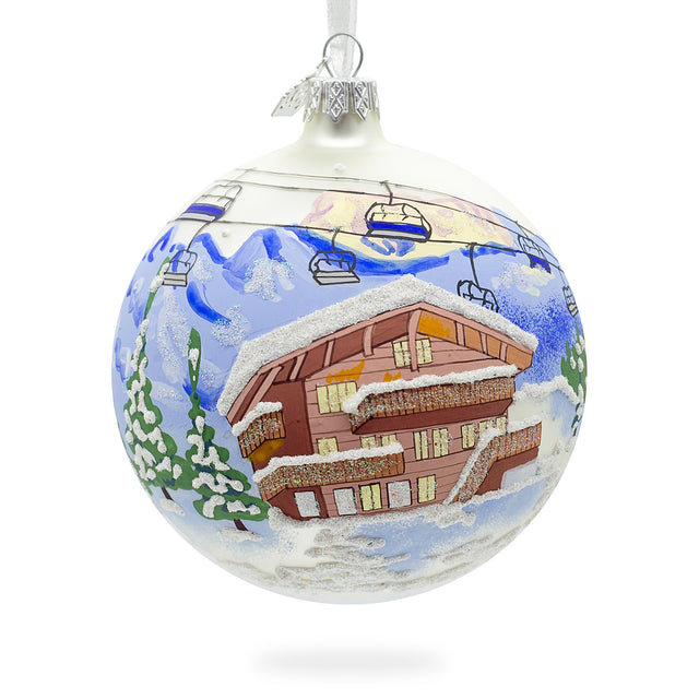 Glass Chalet and Ski Lifts in the Mountains Glass Ball Christmas Ornament 4 Inches in Multi color Round