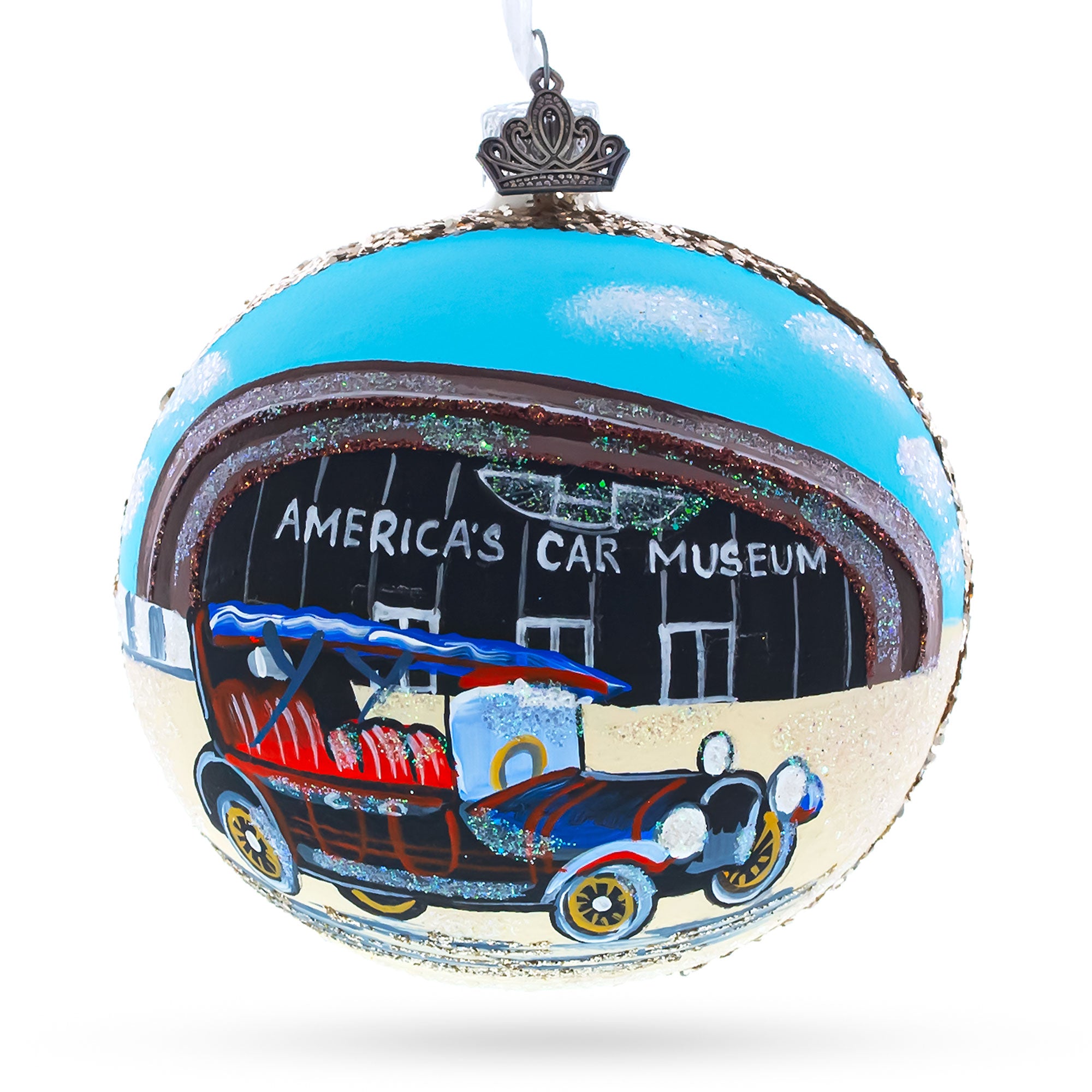 LeMay America's Car Museum, Tacoma, Washington, USA Glass Ball Christmas Ornament 4 Inches in Multi color Round
