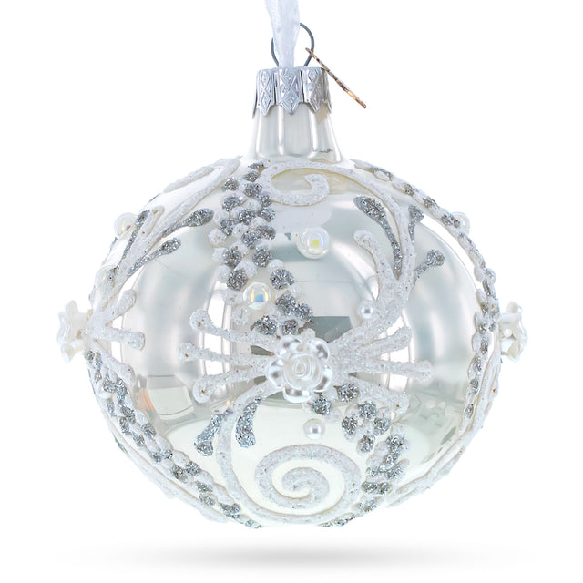 Snow Swirls on White Glass Ball Christmas Ornament 3.25 Inches in White color, Round shape