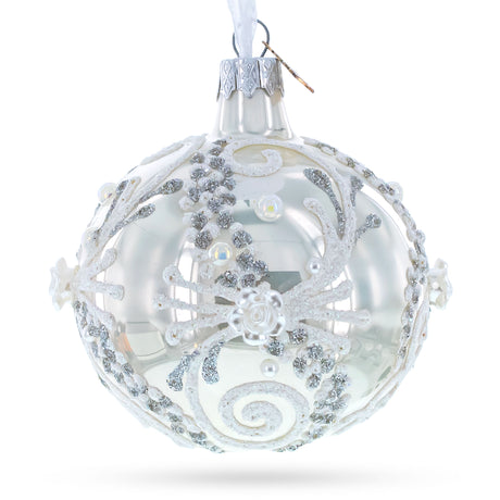 Glass Snow Swirls on White Glass Ball Christmas Ornament 3.25 Inches in White color Round