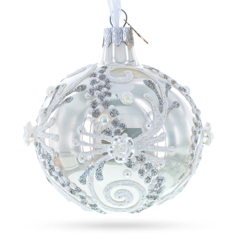 Snow Swirls on White Glass Ball Christmas Ornament 3.25 Inches in White color Round