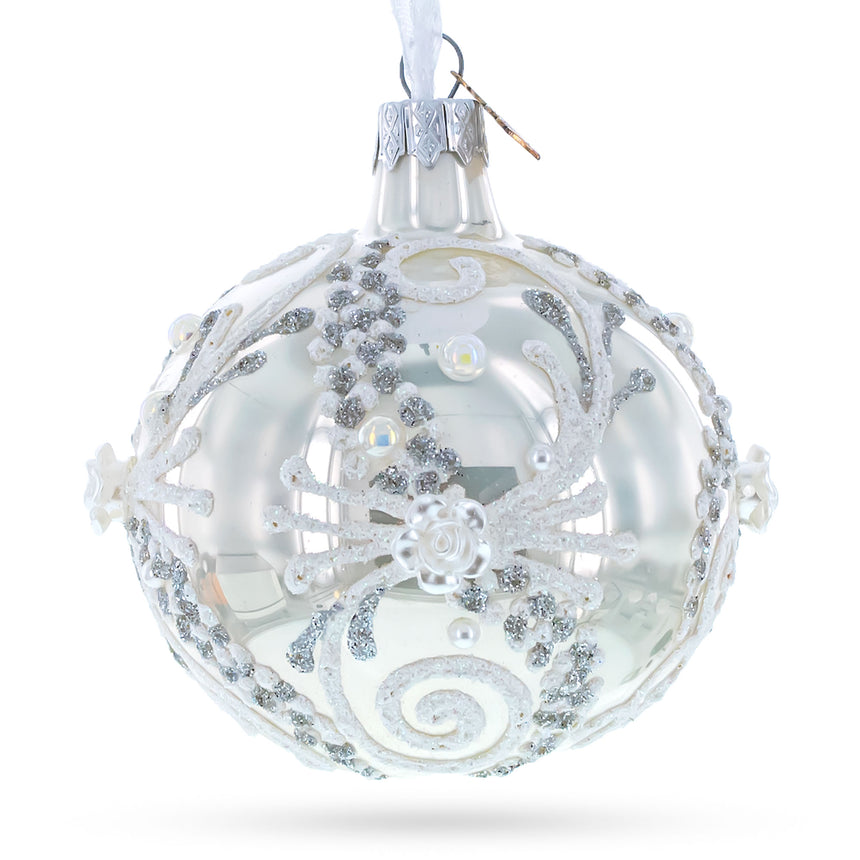 Snow Swirls on White Glass Ball Christmas Ornament 3.25 Inches in White color Round