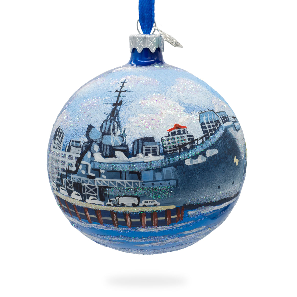 USS Midway Museum, San Diego, California, USA Glass Ball Christmas Ornament 4 Inches in Blue color, Round shape