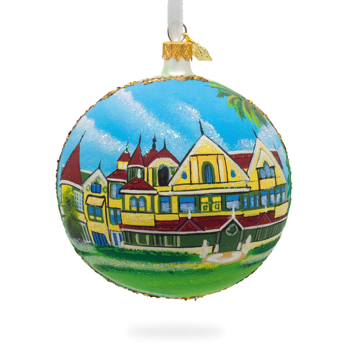 Winchester Mystery House, San Jose, California, USA Glass Ball Christmas Ornament 4 Inches in Multi color, Round shape