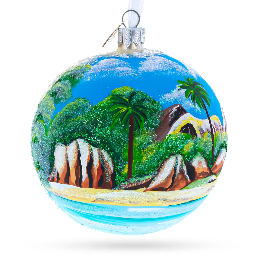 Glass Seychelles on Indian Ocean Glass Ball Christmas Ornament 4 Inches in Multi color Round