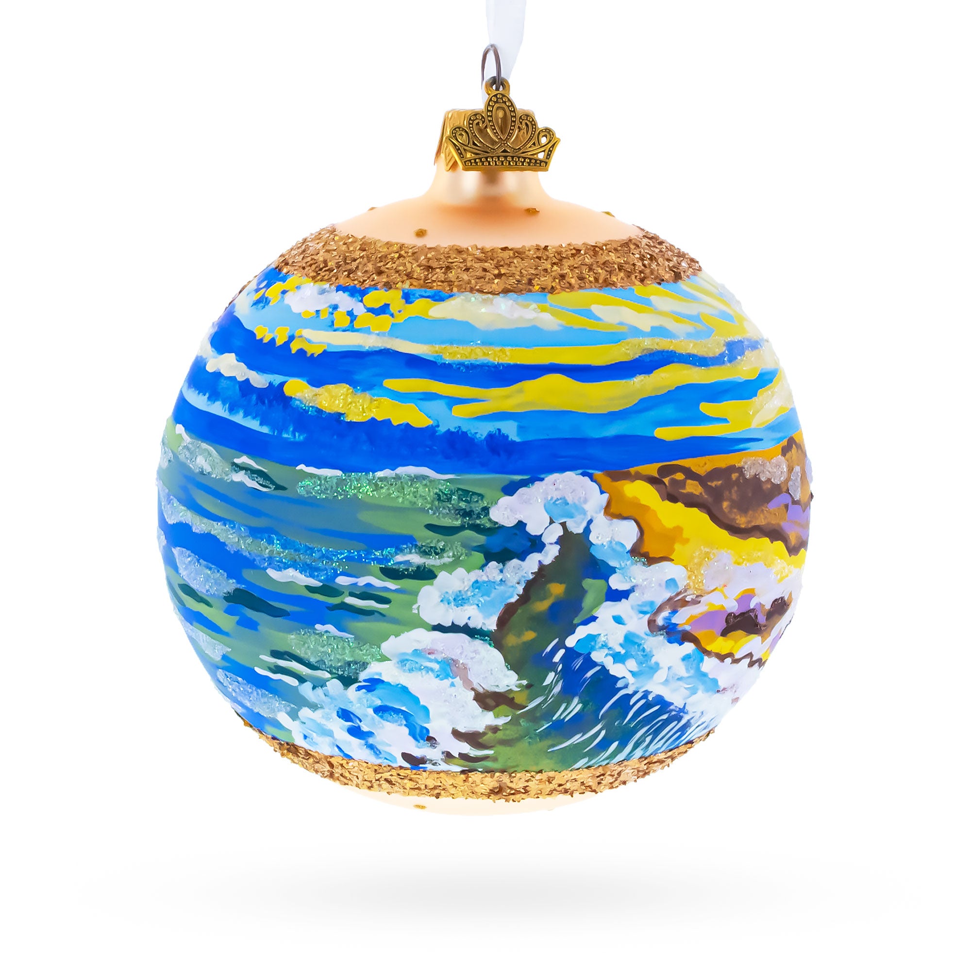 Sunset at the Ocean Painting Glass Ball Christmas Ornament 4 Inches in Multi color Round