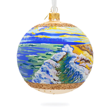 Glass Sunset at the Ocean Painting Glass Ball Christmas Ornament 4 Inches in Multi color Round