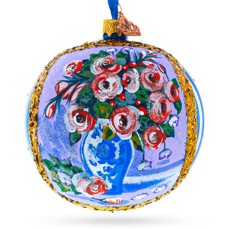 Vase of Roses Painting Glass Ball Christmas Ornament 4 Inches in Multi color Round