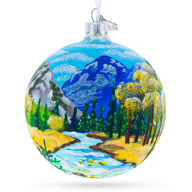 Mountain River Painting Glass Ball Christmas Ornament 4 Inches in Multi color, Round shape