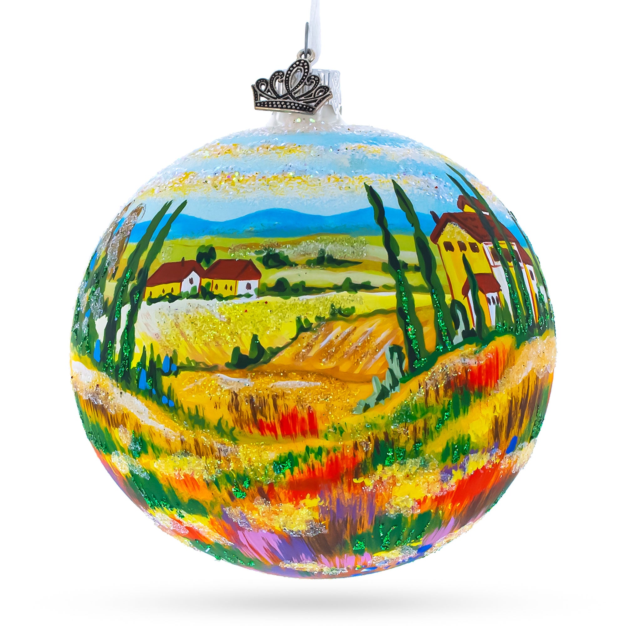 Tuscany, Italy Country Side Painting Glass Ball Christmas Ornament 4 Inches in Multi color Round