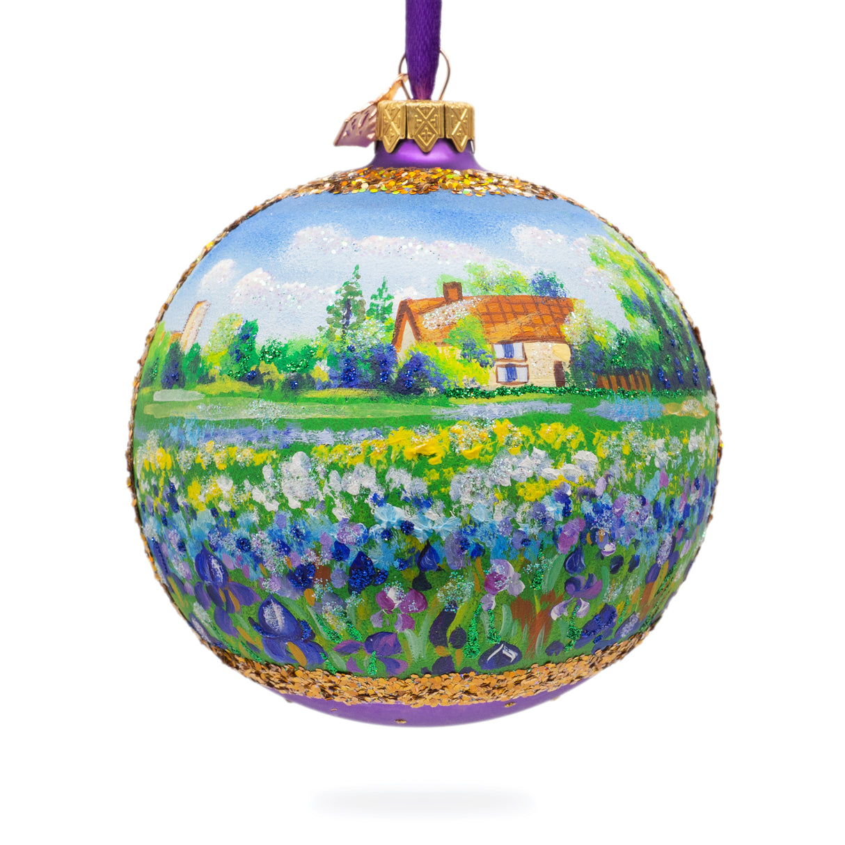 Iris Field Painting Glass Ball Christmas Ornament 4 Inches in Multi color, Round shape