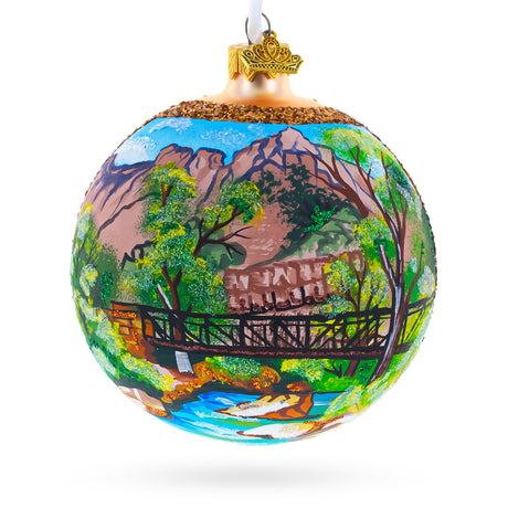 Glass Bridge in the Mountain Park Painting Glass Ball Christmas Ornament 4 Inches in Multi color Round