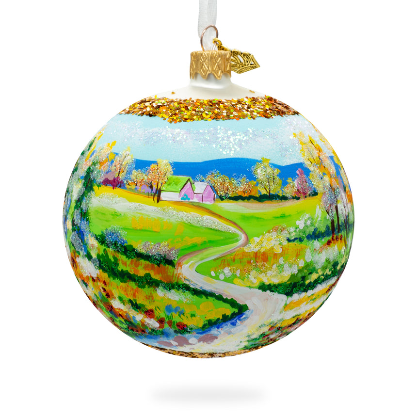 Village Road Painting Glass Ball Christmas Ornament 4 Inches in  color Round