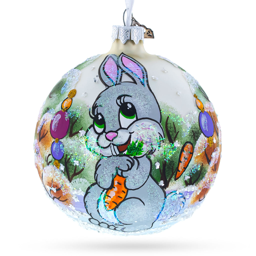 Glitter Bunny with Carrot Glass Ball Ornament 4 Inches in Multi color Round