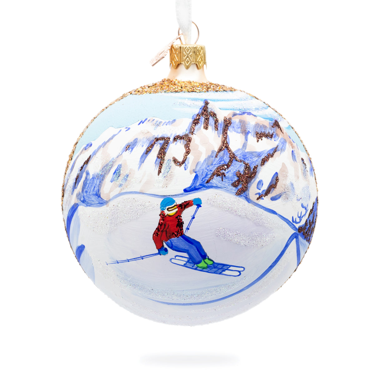Chamonix Ski Resort, France Glass Ball Christmas Ornament 4 Inches in Multi color, Round shape