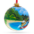 Surfers at Hawaii Beach, USA Glass Ball Christmas Ornament 4 Inches in Multi color Round