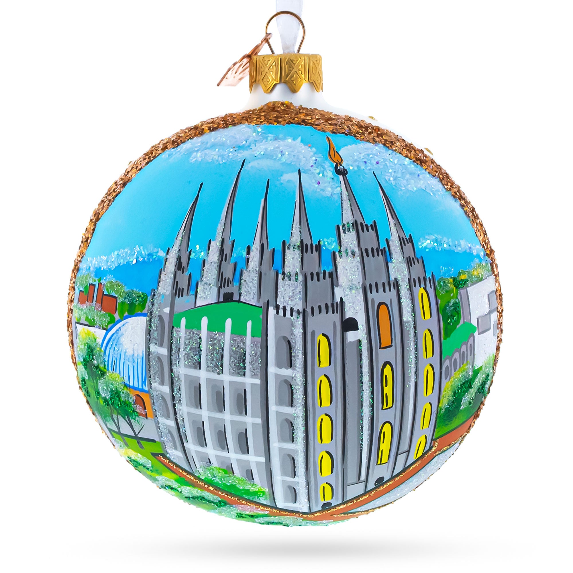 Temple Square, Salt Lake City, Utah, USA Glass Ball Christmas Ornament 4 Inches in Multi color Round