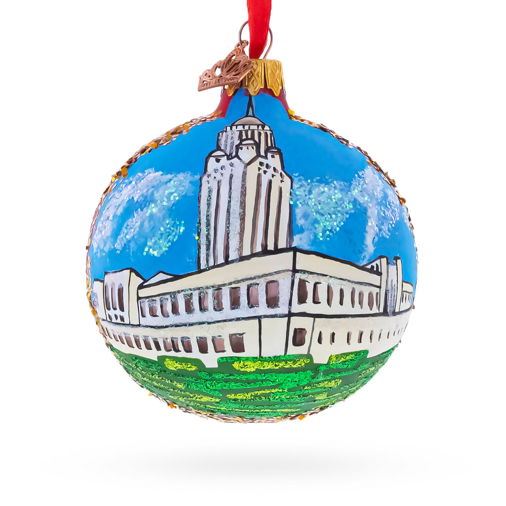 Nebraska State Capitol,  Lincoln, Nebraska, USA Glass Ball Christmas Ornament 3.25 Inches in Multi color Round
