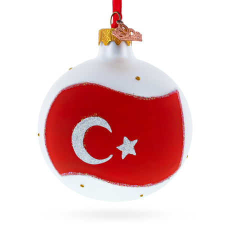Glass Flag of Turkey Glass Ball Ornament 3.25 Inches in Multi color Round
