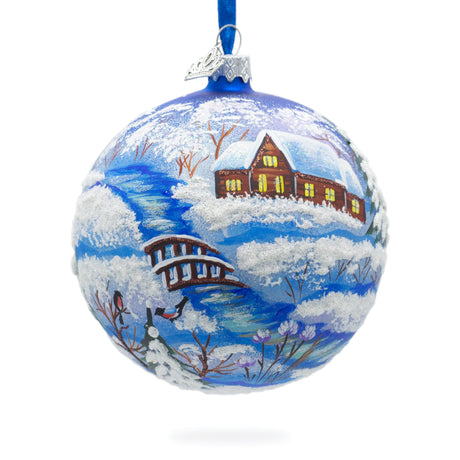 Winter Village by the River Glass Ball Christmas Ornament 4 Inches in Multi color, Round shape