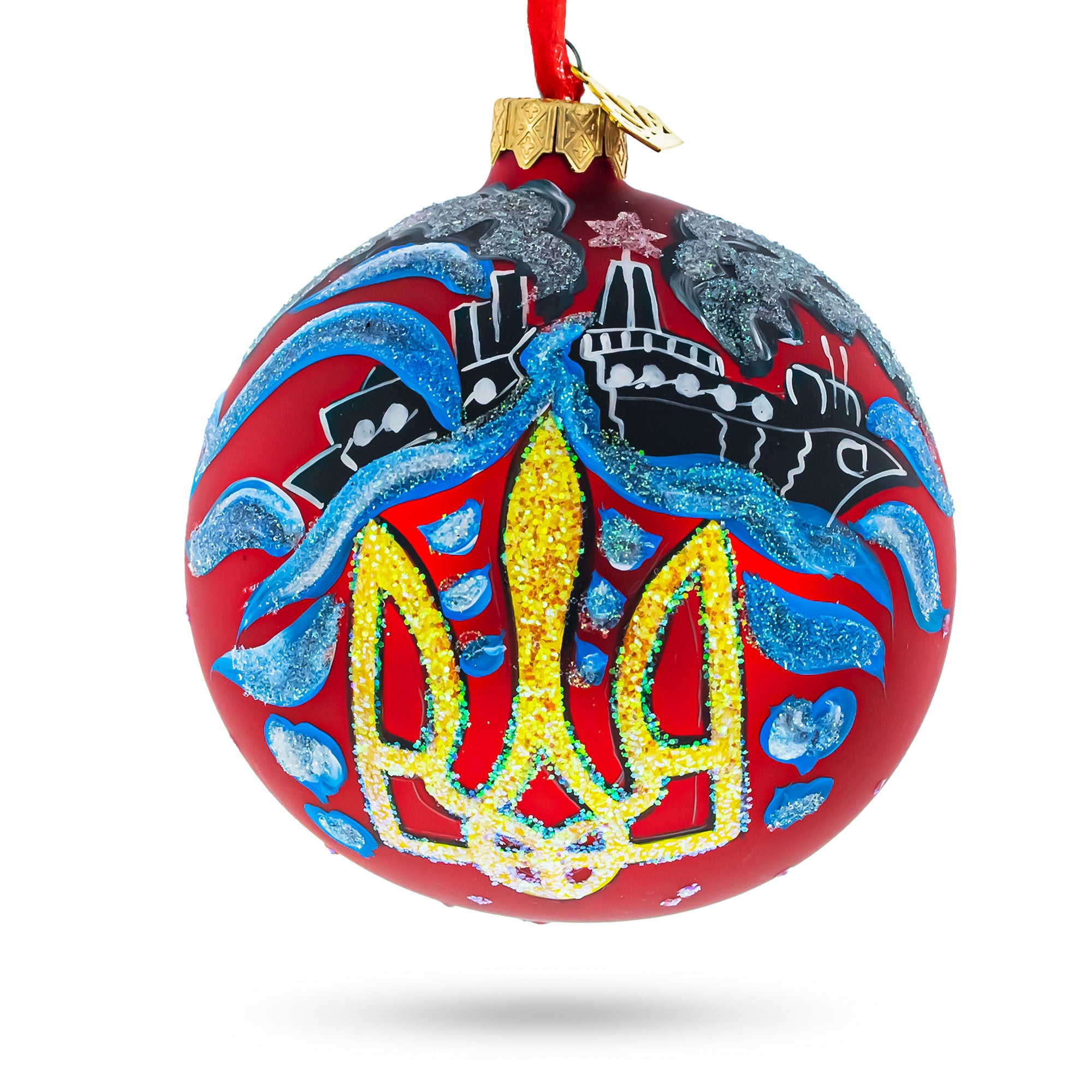 Ukrainian Tryzub Glass Ball Christmas Ornament 4 Inches in Multi color Round