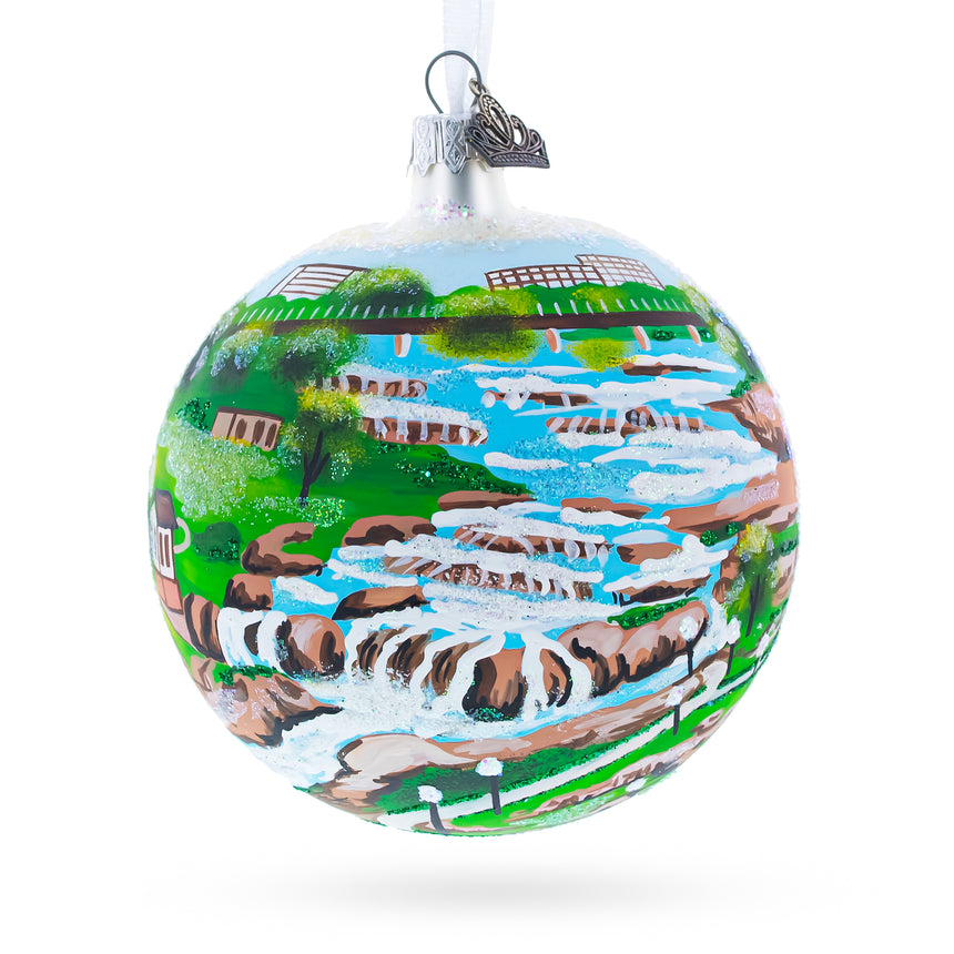 Falls Park, Sioux Falls, South Dakota, USA Glass Ball Christmas Ornament 4 Inches in  color Round