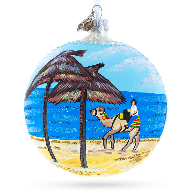 Beach at Hammamet, Tunisia Glass Ball Christmas Ornament 4 Inches in Multi color, Round shape