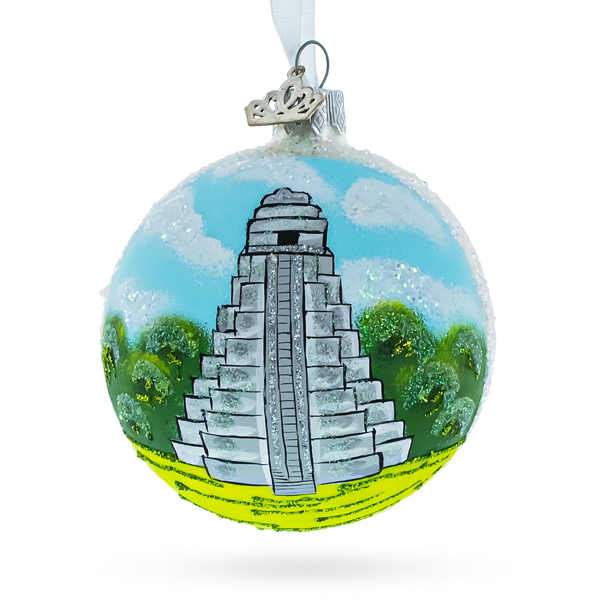 Tikal, Guatemala Glass Ball Christmas Ornament 3.25 Inches in Multi color Round