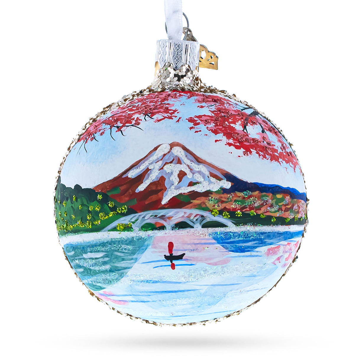 Glass Mount Fuji, Japan Glass Ball Christmas Ornament 3.25 Inches in Multi color Round