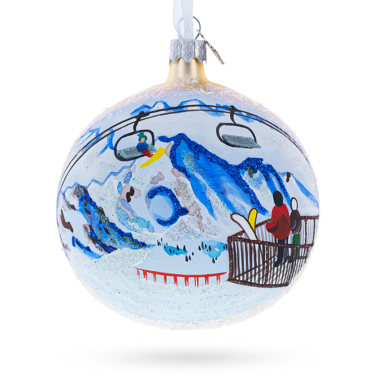 Verbier Ski Resort, Switzerland Glass Ball Christmas Ornament in Multi color, Round shape