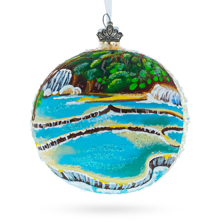 Kuang Si Waterfall, Laos Glass Ball Christmas Ornament 4 Inches in Multi color Round