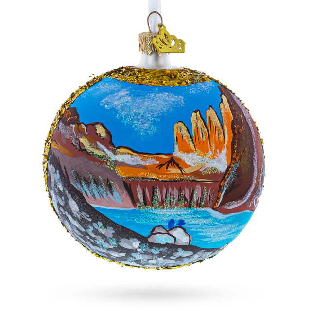 Torres del Paine National Park, Chile Glass Christmas Ornament in Multi color, Round shape