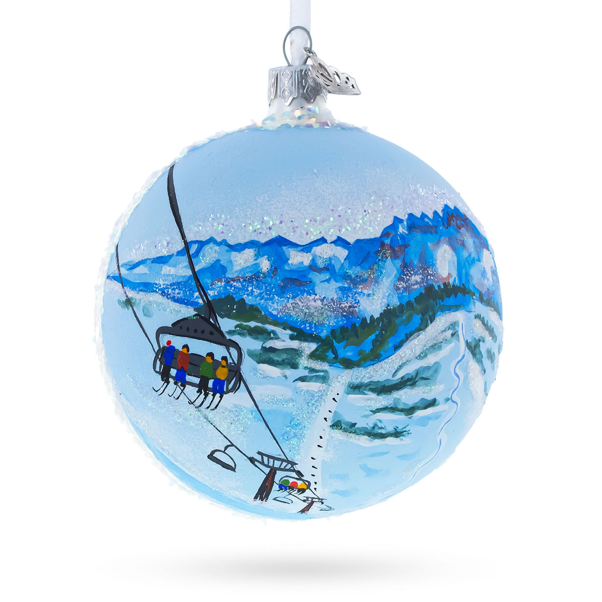 Les Portes du Soleil Ski Resort, Switzerland and France Glass Christmas Ornament in Multi color, Round shape