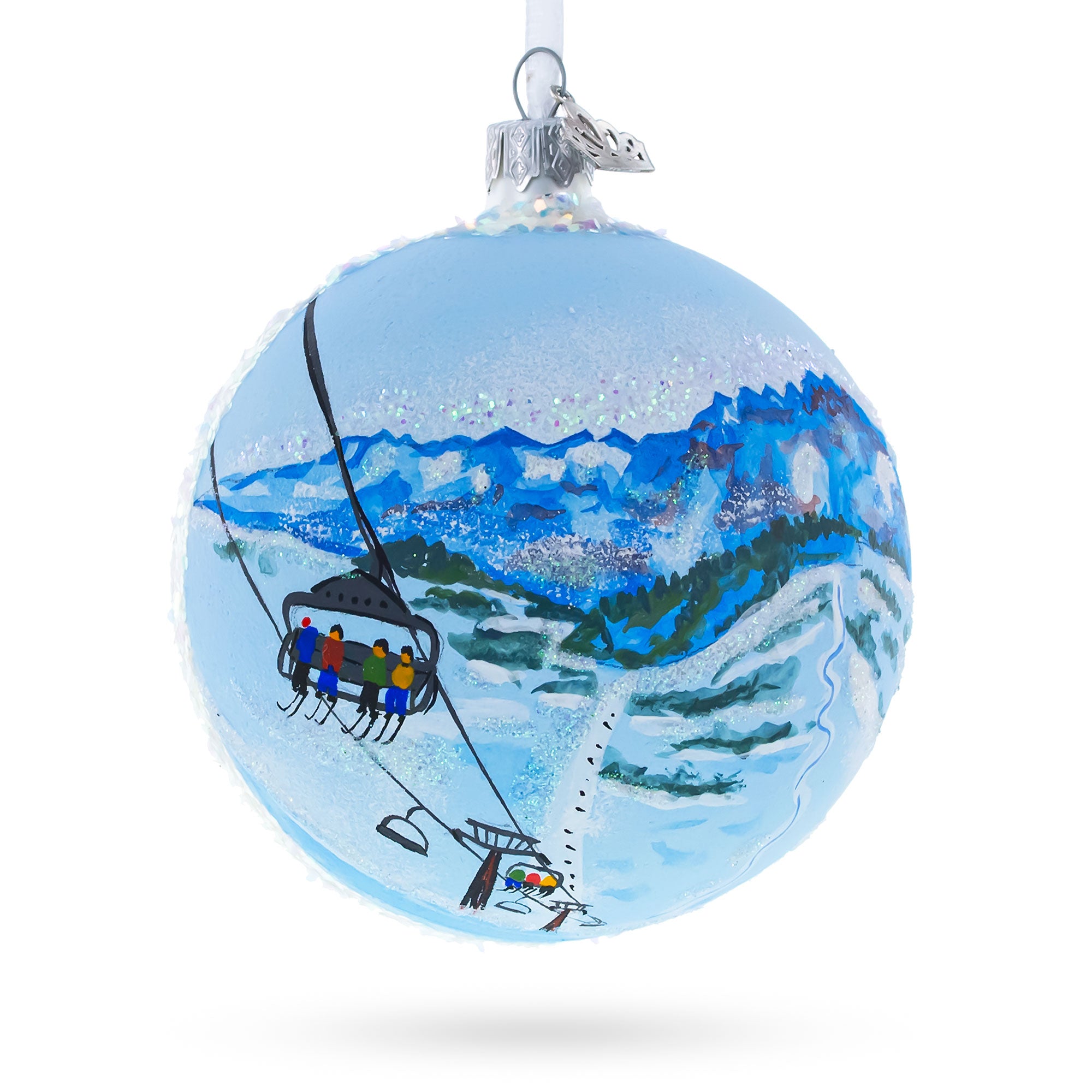 Les Portes du Soleil Ski Resort, Switzerland and France Glass Christmas Ornament in Multi color Round