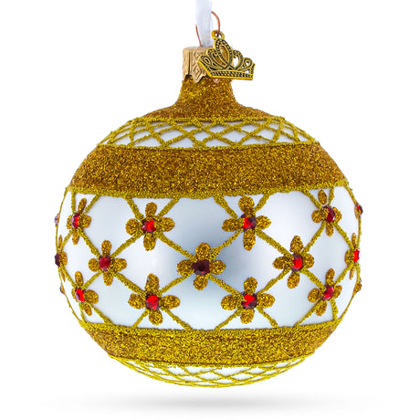 Glass Red Jewels on Silver Glass Ball Christmas Ornament in Gold color Round