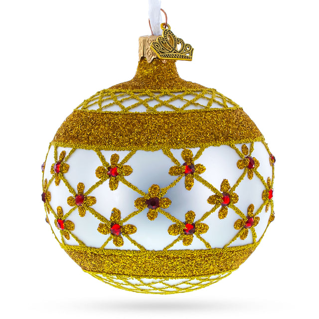 Red Jewels on Silver Glass Ball Christmas Ornament in Gold color Round