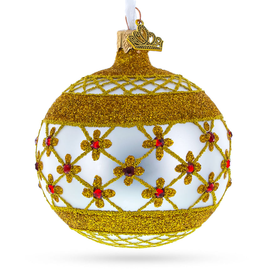 Red Jewels on Silver Glass Ball Christmas Ornament in Gold color Round