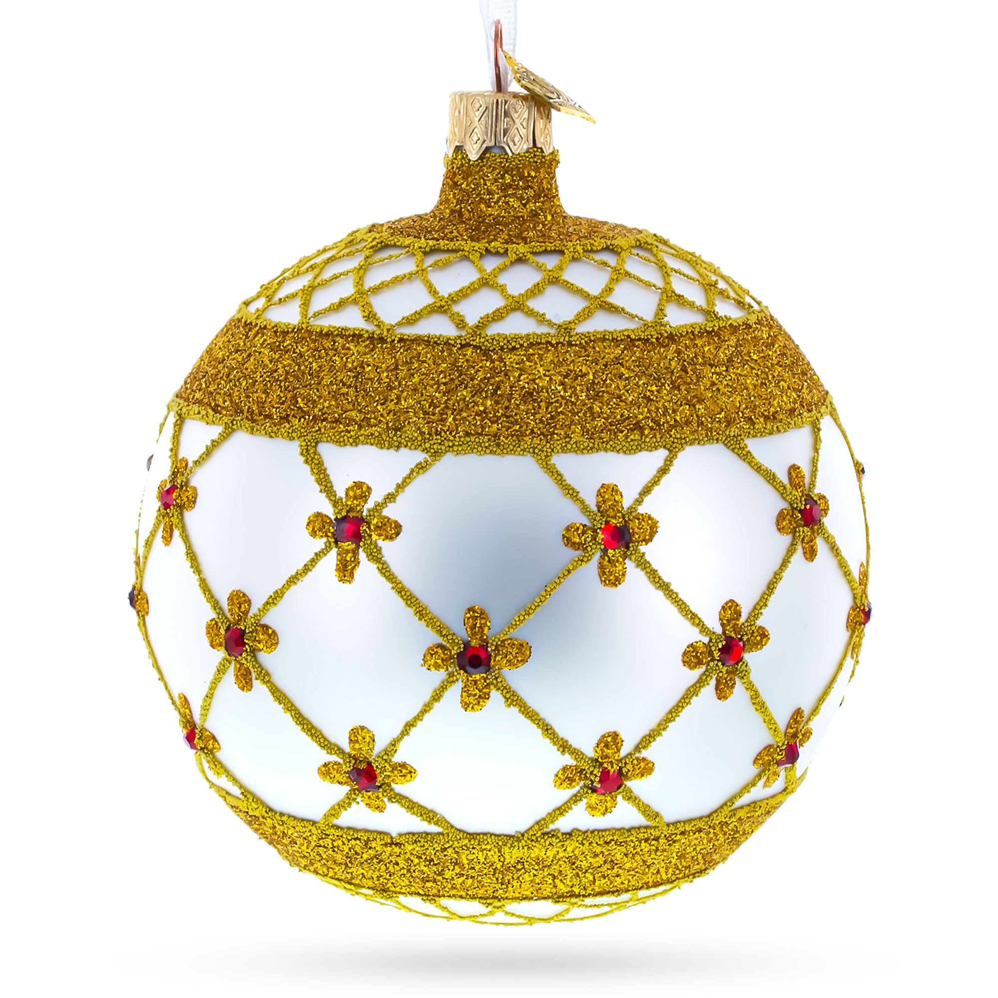 Red Jewels Silver Glass Ball Christmas Ornament in Gold color Round