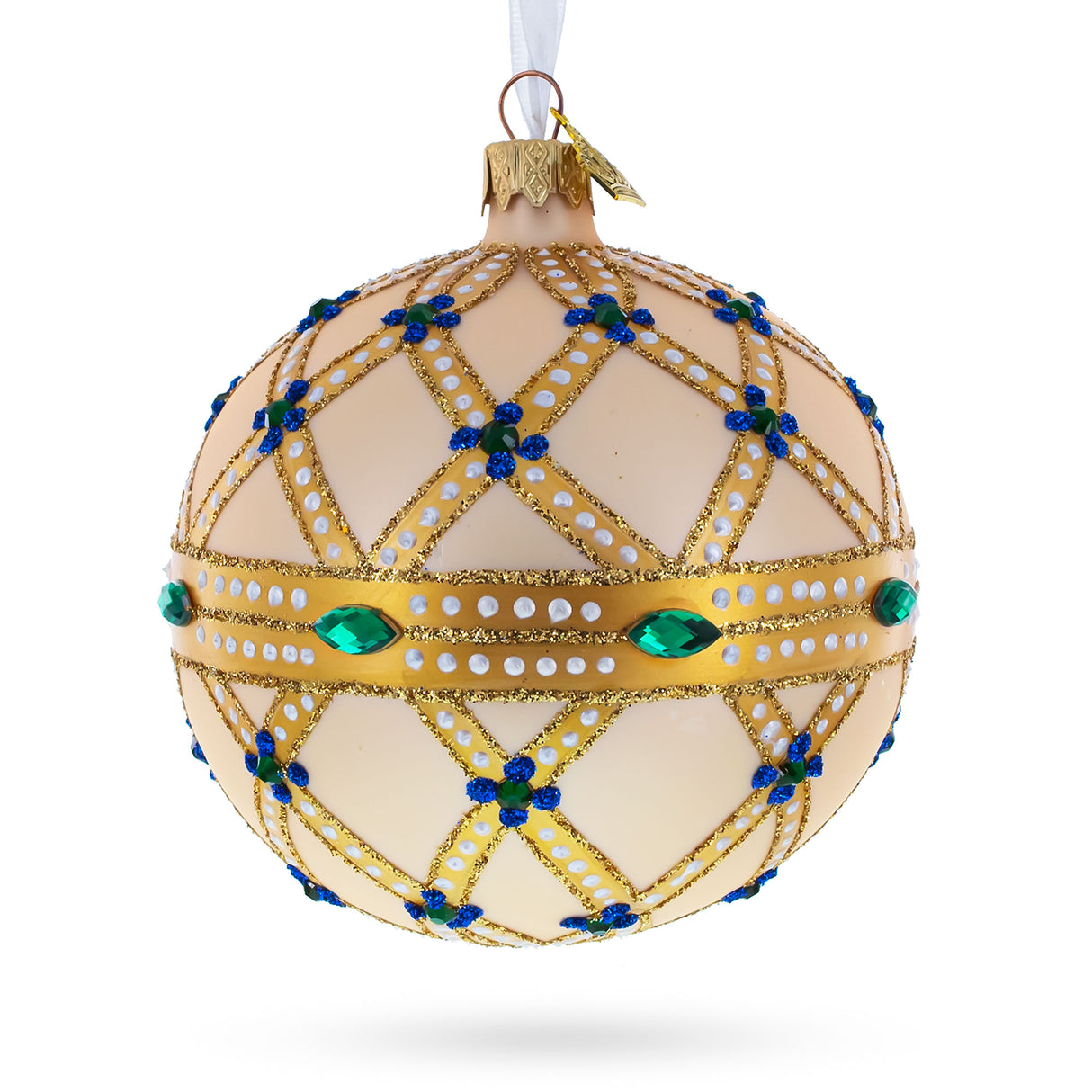 Green Jewels on Champagne Glass Ball Christmas Ornament in Gold color, Round shape