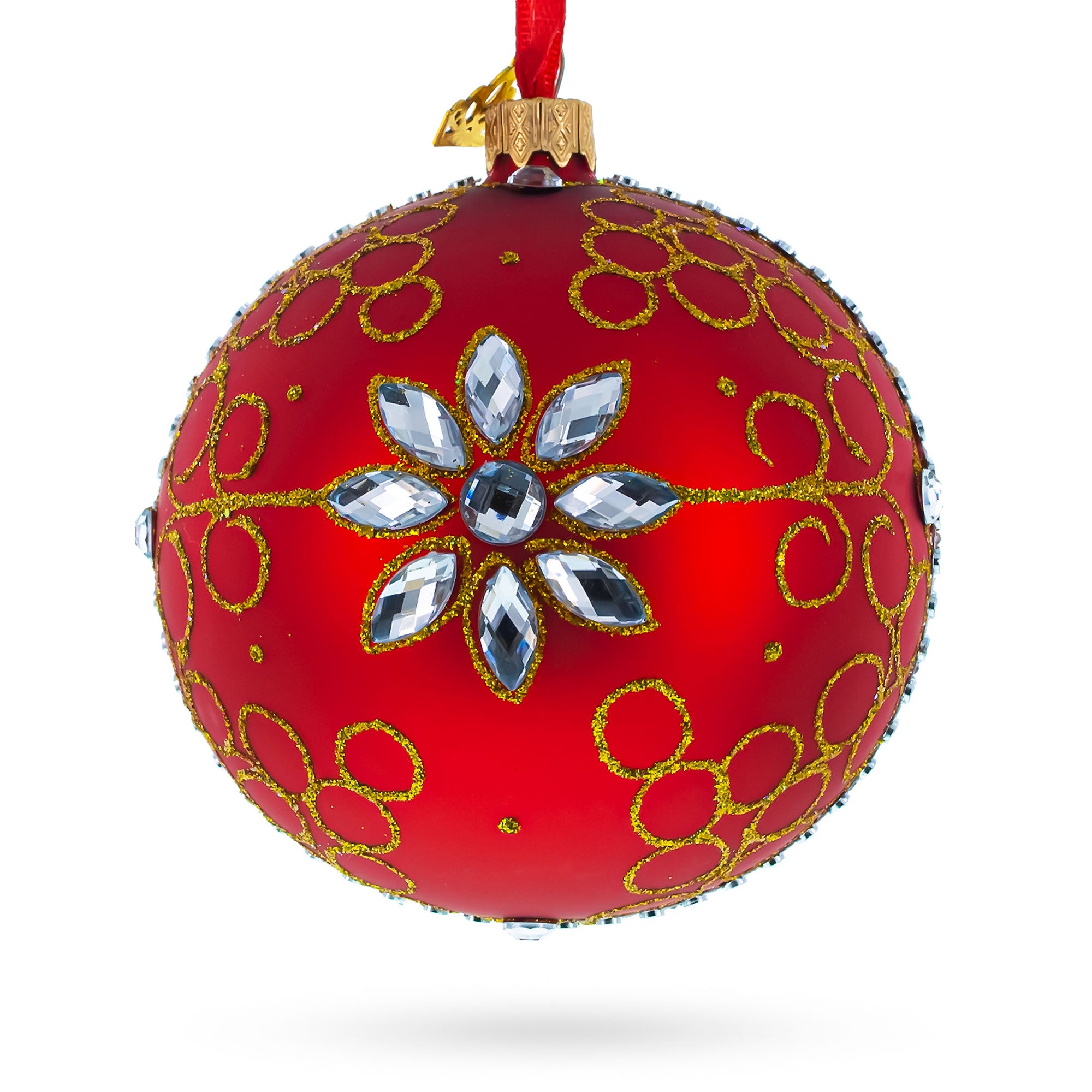 White Jewels on Red Glass Ball Christmas Ornament in Red color Round
