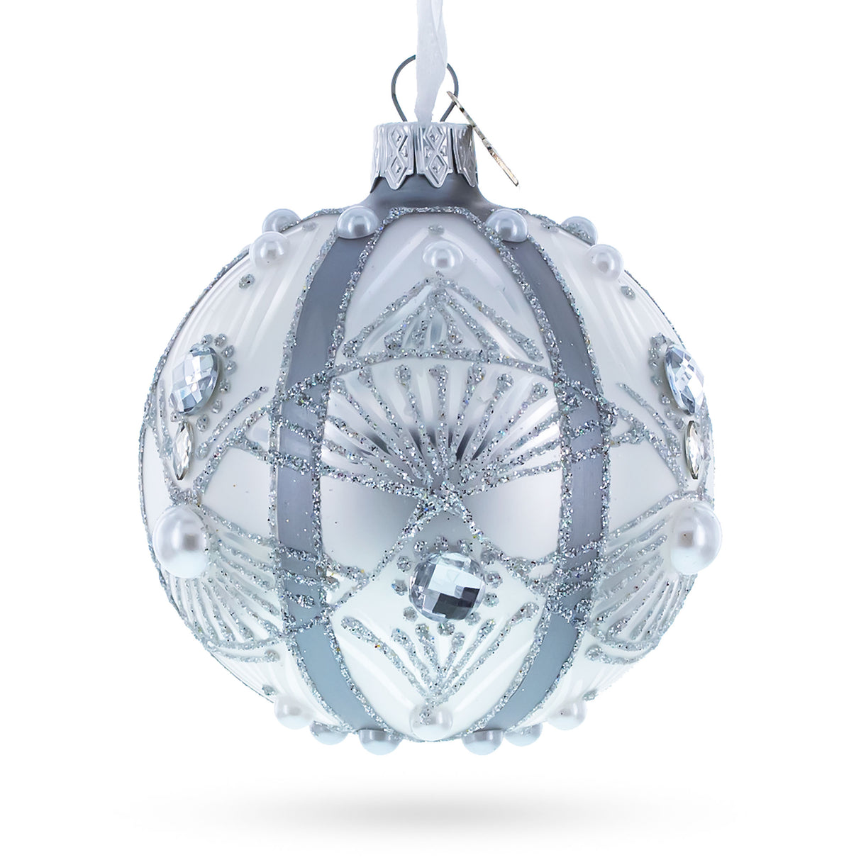 White Jewels on Silver Glass Ball Christmas Ornament in White color, Round shape
